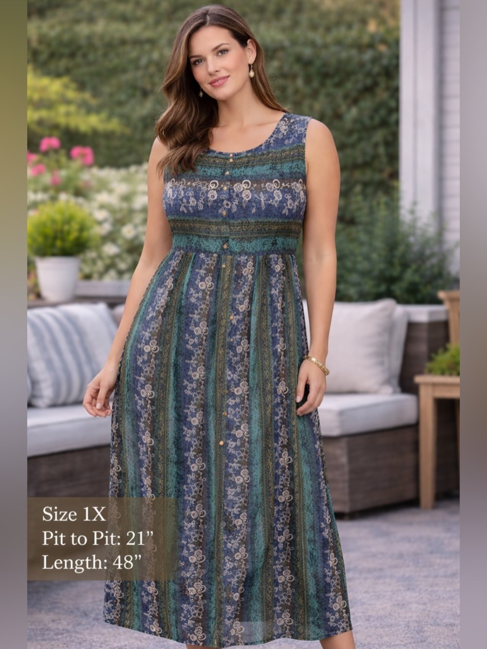 DPS Elegant Blue and Green Sleeveless Dress 1X pit to pit 21in length 48in